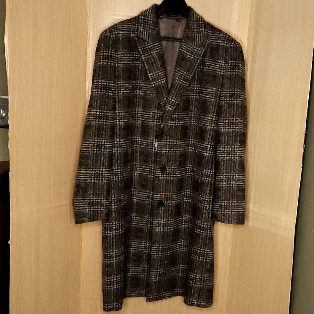Stafford Mens New Grey Black Plaid Wool Blend Overcoat